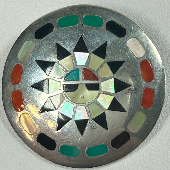 Vintage Signed Zuni Inlay Sun Face HL Lanyate Hesser Turquoise Coral Onyx Shell - Picture 5 of 7